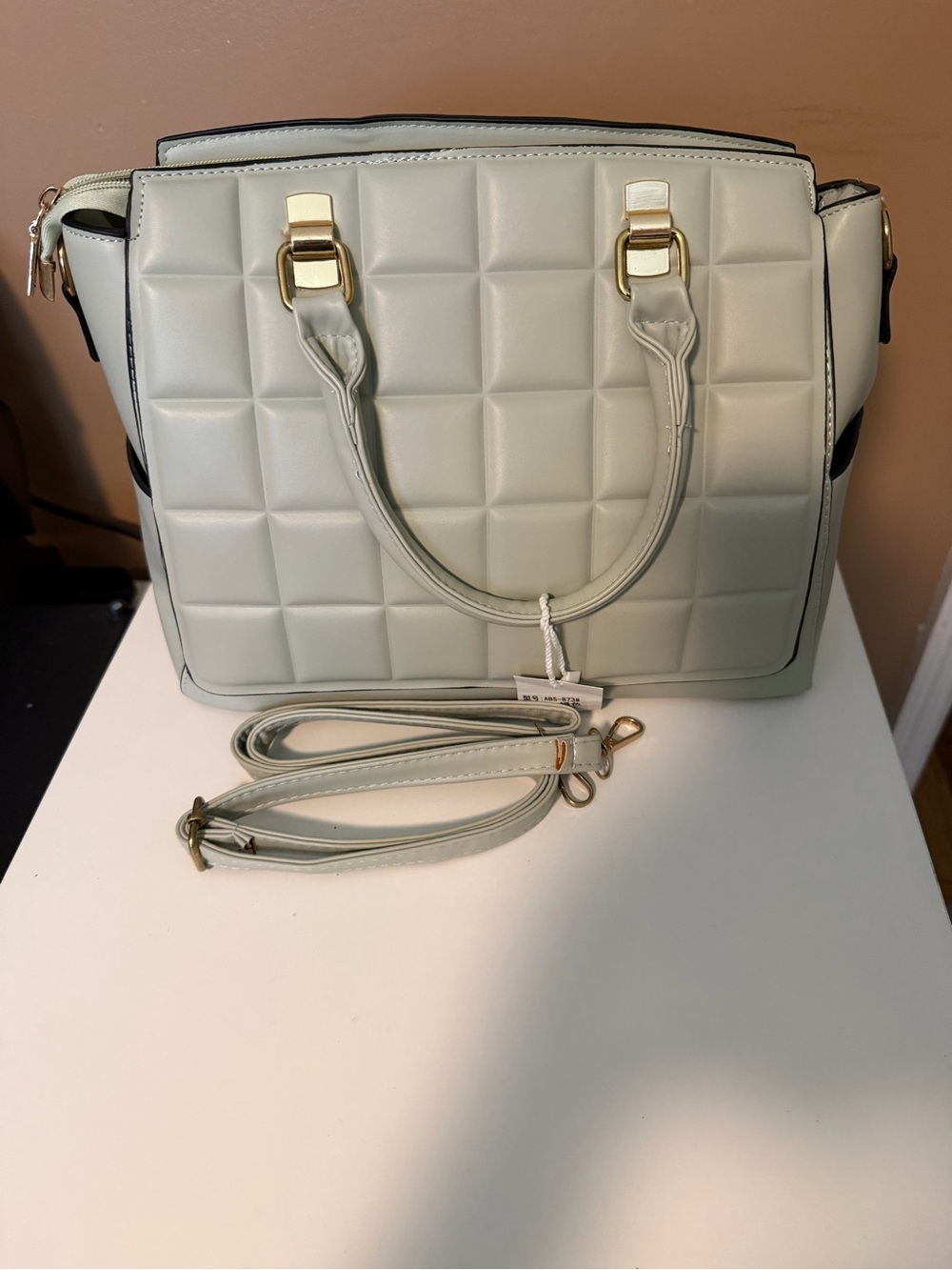 Quilted Light Green Tote Bag with Removable Strap